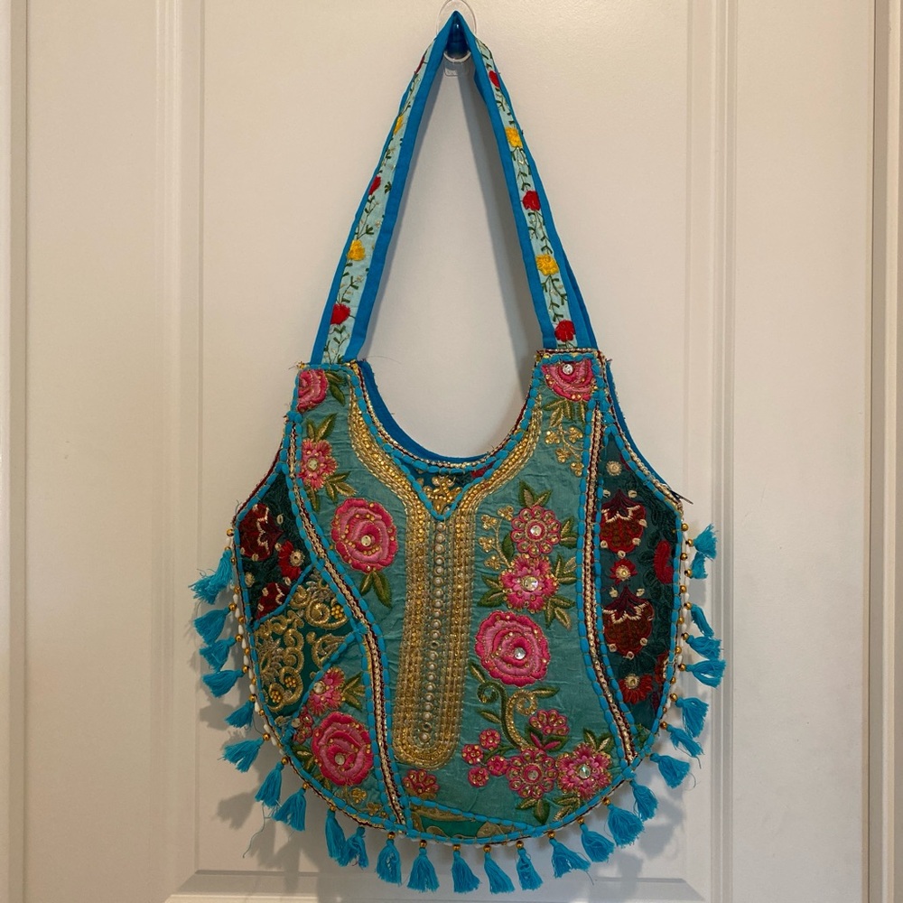 Turquoise Embroidered Floral Shoulder Bag